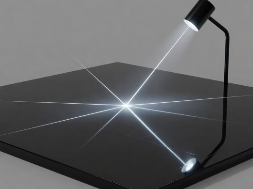 3D diagram render illustrating the law of reflection on a glossy board game surface with a 40-degree side key lamp