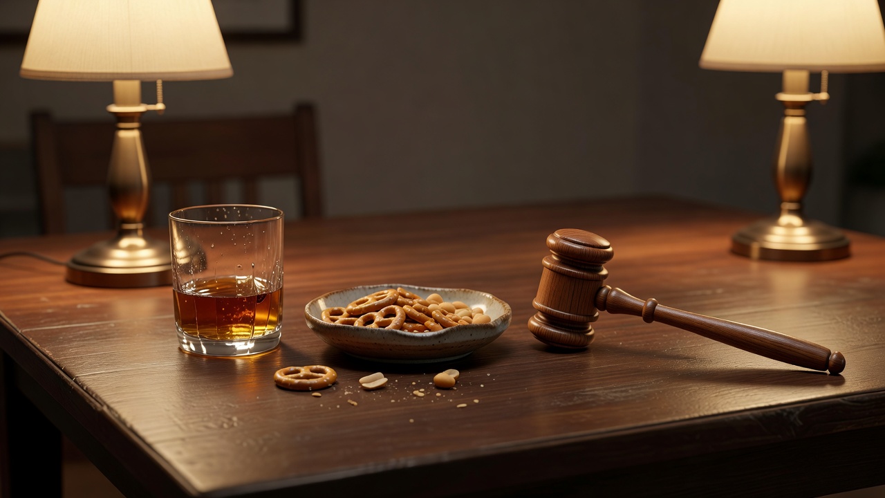 Soft-lit 3D render study of a tabletop corner with warm lamp pools, lowball glass, ceramic snack dish, and wooden auction gavel