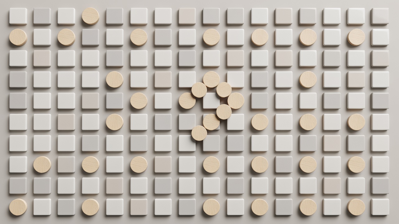 Soft-lit 3D render study of ceramic tiles and wooden tokens arranged in a clean grid with one active cluster breaking symmetry