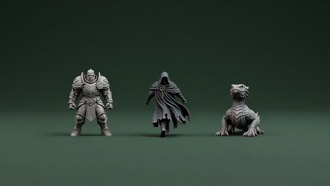 Soft-lit 3D render study of three tabletop miniatures photographed from a 10-degree low horizon on a plain dark green surface