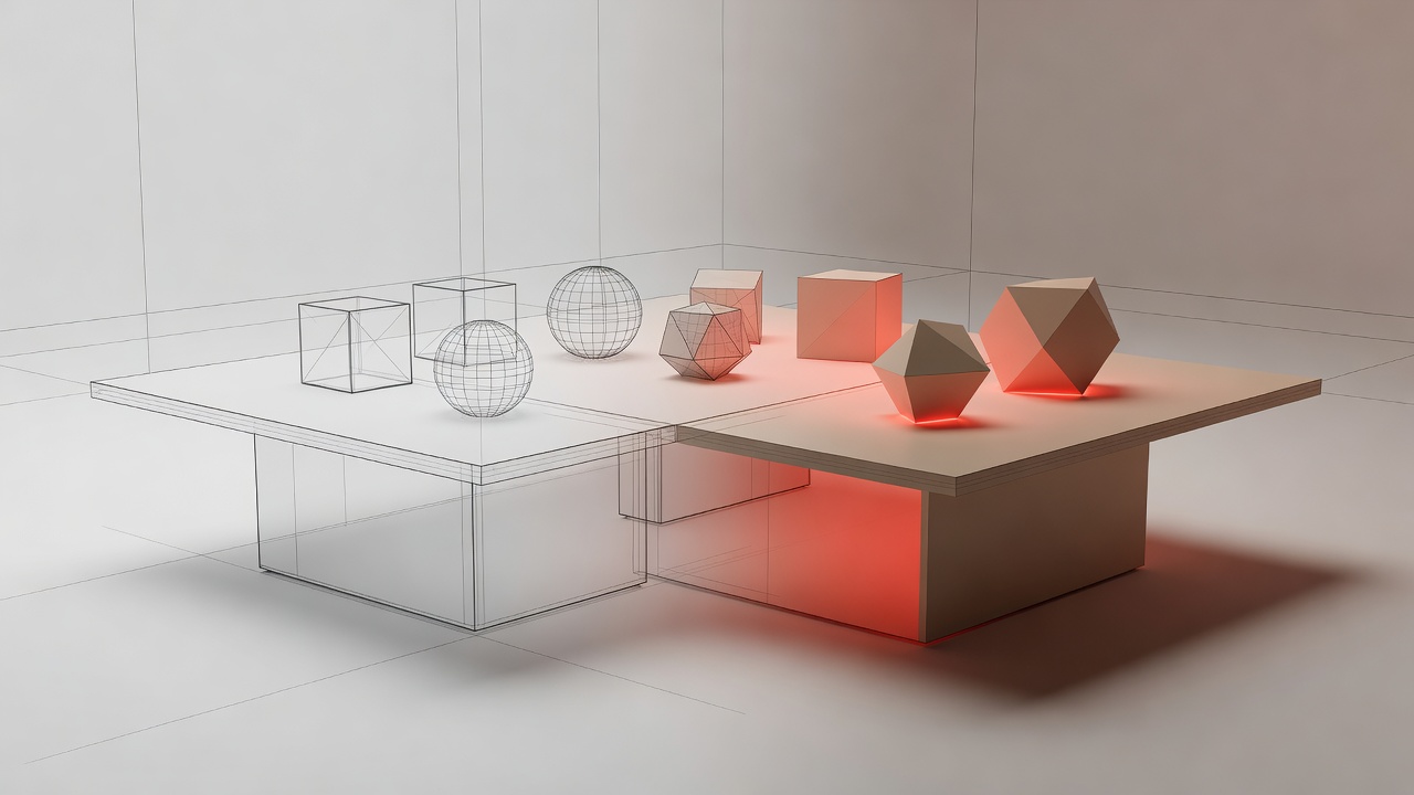 Soft-lit 3D render study showing a split view of a geometric wireframe tabletop setup transitioning into a warm coral-lit render