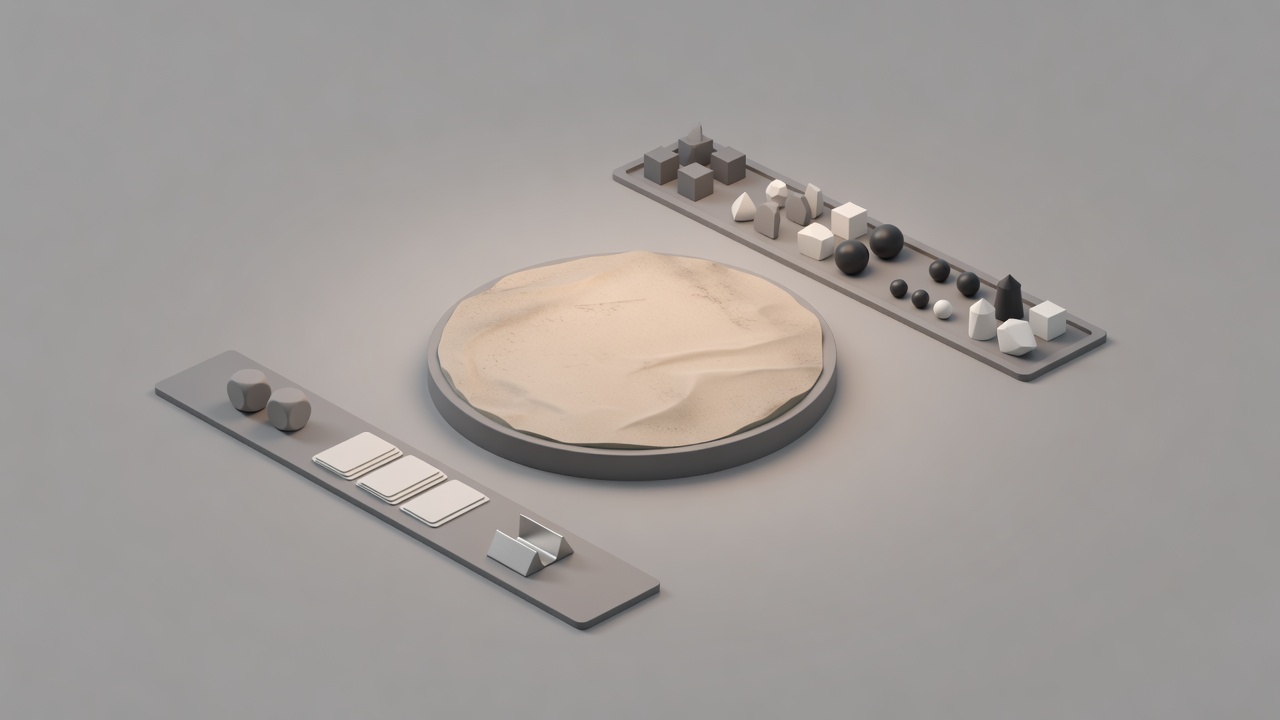 Soft-lit 3D render study showing three distinct tabletop zones: central arena, player tableau strip, and utility margin