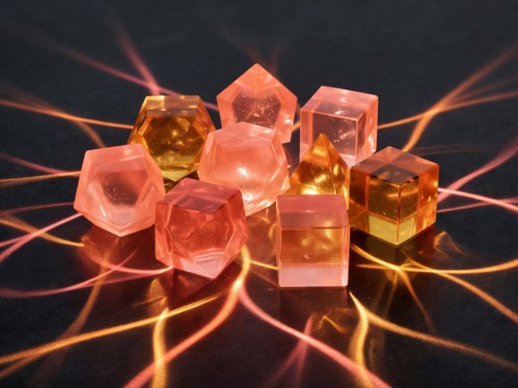 3D render study of translucent coral and amber polyhedral dice casting luminous caustic patterns on a dark surface