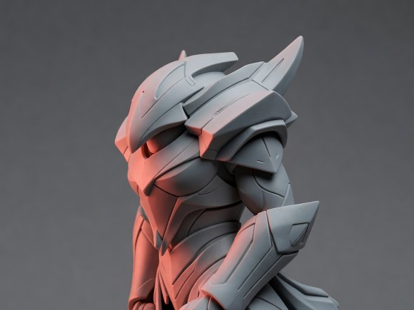 3D render study showing how a 110-degree coral rim light reveals recess details on an unpainted grey miniature